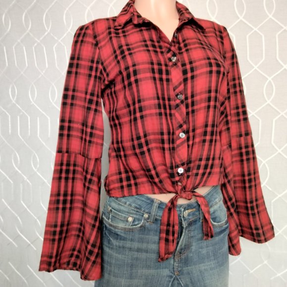 Altar’d State Red & Black Checks large Bell Sleeves Button up Tie Front Shirt M - Picture 5 of 9